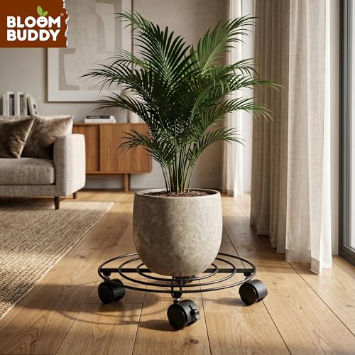 Image of Bloom Buddy Round Metal Plant Stand with Wheels 12 Inch | Heavy Duty Rolling Plant Caddy for Indoor Outdoor Pots | Movable Pot Holder for Balcony, Garden, Patio & Home (1 Pc)