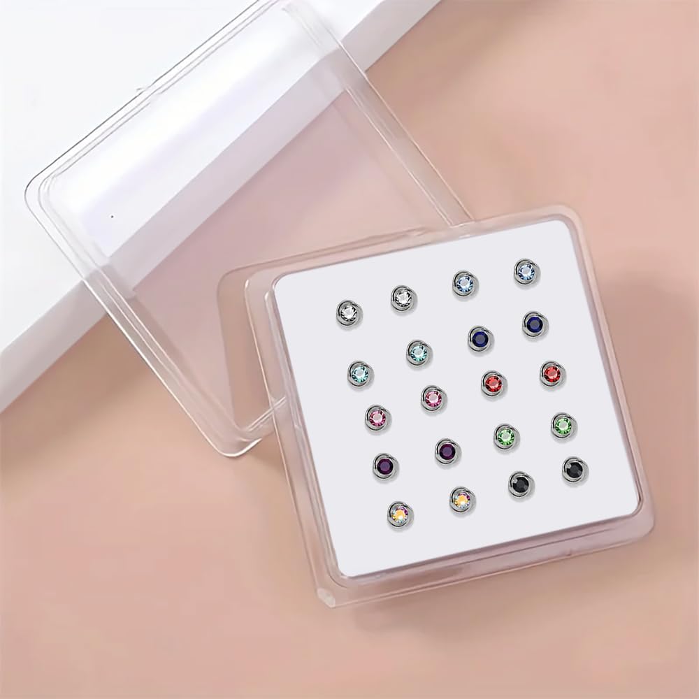 20 Pieces Box Set Spiral Flower with Crystal Stone Design 22 Gauge 925 Sterling Silver Nose Pin - Nose Stud - Tiny Nose Ring - Nose Piercing Body Jewelry