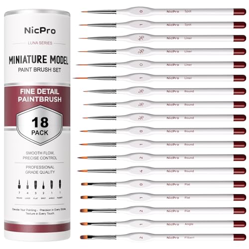 Image of Nicpro 18 PCS Miniature Paint Brushes, Micro Model Detail Paint Brush Set | Fine Detailing for Acrylic Watercolors Oil, Paint by Number, Models, Miniatures, Craft, Figurine - with Container