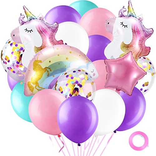 Image of Zhanmai 36 Pcs Unicorn Balloons Birthday Party Decorations Rainbow Unicorn Foil Balloon Large Purple Pink Latex Confetti Balloons for Wedding Baby Shower Birthday Party Supplies