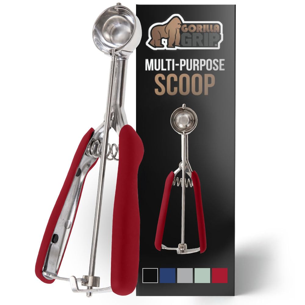 Gorilla Grip Premium Cookie, Fruit and Ice Cream Spring-Loaded Scoop, 1 TBSP Small Capacity, Comfortable Scooper Handle for Easy Squeeze, Durable Stainless Steel, Uniform Portions Every Time, Red