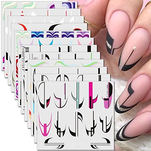 French Tips Nail Stickers French Line Nail Art Water Transfer Decals, Nail Art Supplies Black Geometric Colorful Wavy Stripe Lines Design Nail Slider Sticker For Women Acrylic Nails Decoration 12Pcs #TOP6