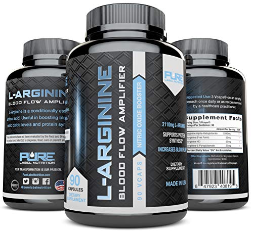 Pure Label Nutrition L Arginine Capsules, Nitric Oxide Booster, Amino Acid Supplement for Men and Women, Helps Build Muscle & Strength and Boost Energy, Blood Flow Support - 90 caps