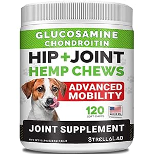 Hemp Treats – Glucosamine Dog Joint Supplement + Omega 3 – w/Hemp Oil – Chondroitin, MSM – Advanced Mobility Chews – Joint Pain Relief – Hip & Joint Care – Chicken Flavor – 120 Ct – Made in USA
