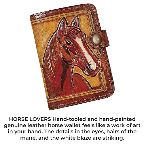 SAGEFINDS Tooled Genuine Leather Horse Wallet | Multi Card and Cash Holder | Hand-Painted | Equestrian Gift | Fold Over Button-Snap Closure | 4.75” x 3”3