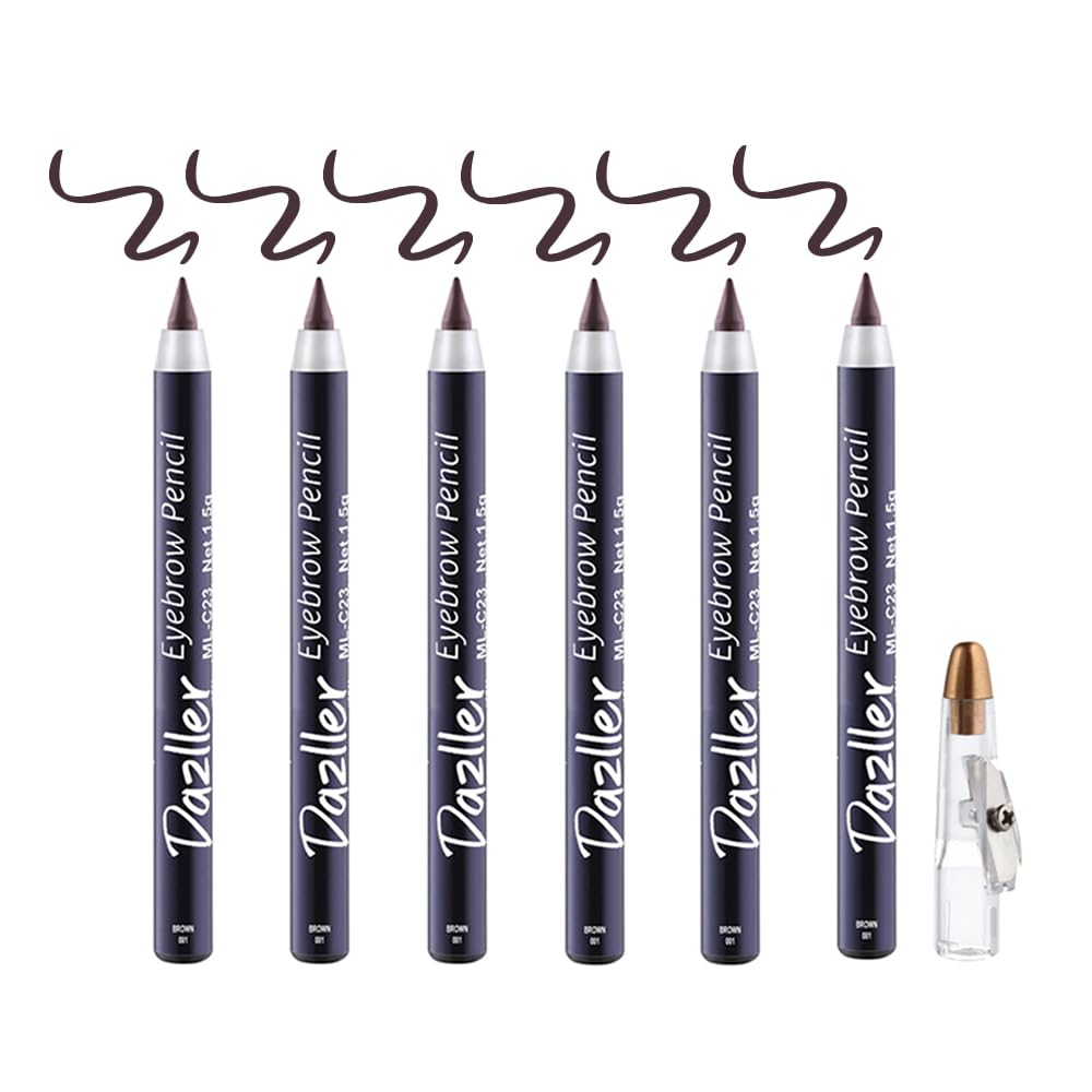 Eyebrow Pencil with Sharpener|Water-Resistant|Long Stay|Creamy Wax Formula|Infused with Carnauba & Castor Oil|Brown-1|Pack of 6|9g