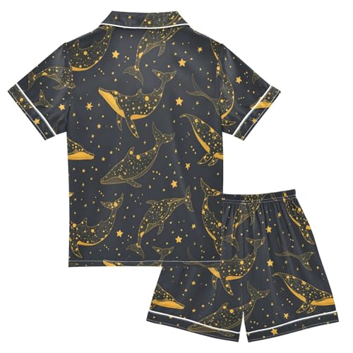ALAZA Yellow Line Star Whale Pajamas Satin Pajama Set Short Sleeve Button Down Sleepwear2