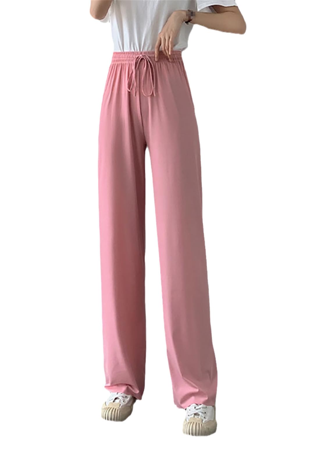 Dcvmvmn Womens Pants Spring and Summer Ice Silk Wide-Leg Pants High Waist Casual Womens Slim Loose Straight Black