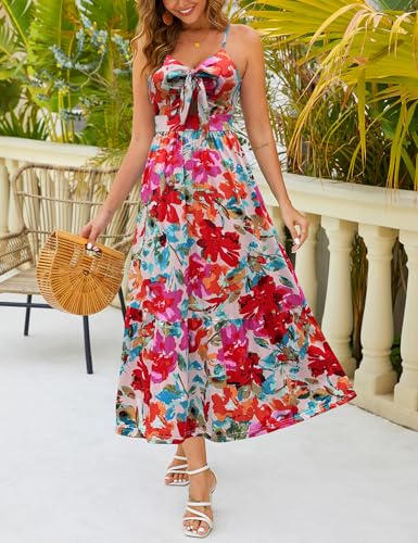 Image of Kranda Women 2026 Summer Sundress High Waist Tie Front Spaghetti Strap Long Beach Floral Tiered Maxi Dress with Pockets