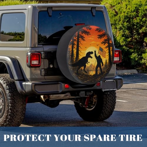 Image of Bigfoot Dinosaur American Flag Spare Tire Cover Wheel Covers Protectors Waterproof Dust-Proof Universal Fit Trailer, RV, SUV and Many Vehicle 17 Inch,C-08
