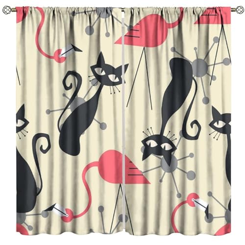 AuiMzoo Charming Black cat Blackout Curtains, Medieval Modern Abstract Flamingo