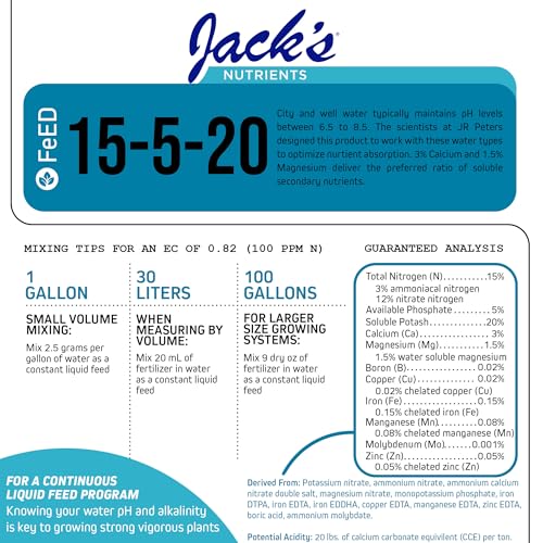 Image of Jack's Nutrients 15-5-20 Tap Water-Soluble Fertilizer, 2.2lbs - Lowers Water pH for Leaf and Root Growth in Continuous Liquid Feed Programs