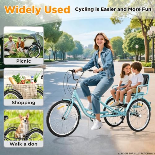 Triciclo para adultos de 24 pulgadas y 7 velocidades para personas mayores y mujeres, bicicleta de tres ruedas con batalla extendida, asiento trasero y canasto de gran capacidad, carga máxima 550 libras miniatura 2