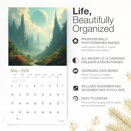 Image of RED EMBER Alien Worlds 2026 Wall Calendar 12 Month | 12 inch x 24 inch Open | Thick & Sturdy Paper | Holiday Gift | Sci Fi Art Calendar 2026
