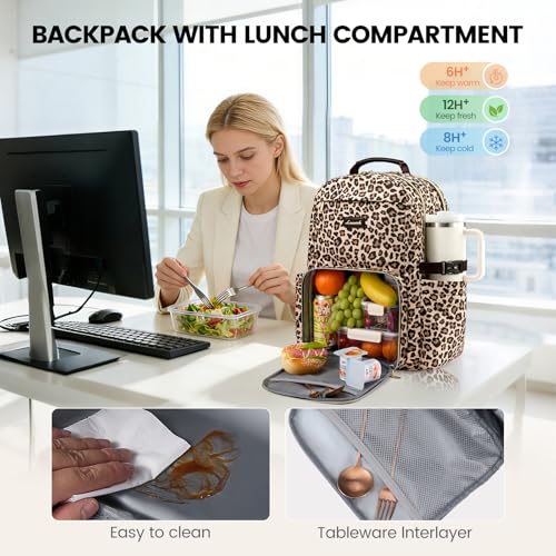 Image of LOVEVOOK Lunch Backpack with Lunch Compartment,15.6Inch Laptop Work Travel Insulated Cooler Backpack Purse,Waterproof College Teacher Lunch Bag Box with Tumbler Holder,Gift for Men Women,Leopard print
