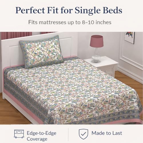 Image of elanorhomes 100% Cotton 240 TC Single Bed Sheet Set | Floral Hand Printed Bedsheet with Pillow Cover | Soft Breathable Fabric for Bedroom | 60x90 Inches (Rose Azure)