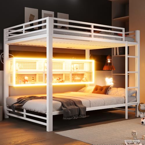 Litera para niños con tira de LED, cama alta de matrimonio 140 x 200 cm con 6 compartimentos de almacenamiento, cama de matrimonio de metal con barra, escalera 4 peldaños rectos, sin colchón (blanco)