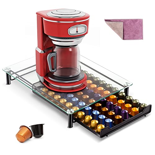 Myiosus Porte Capsules de Café, Tiroirs à Capsules de Café pour Rangement Capsule Nespresso, Support pour Capsules de Café avec Dessus en Verre, Distributeur Range-Dosette 60 Capsules - Noir