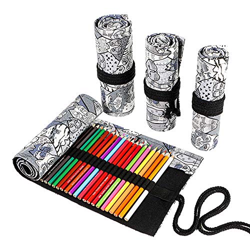 Funny Live 24/36/48/72 Slots Colored Pencil Wrap Roll Up Pen Holder Case Drawing Coloring Pencil Roll Organizer Stationery Case For Student Artist Traveler (Rich Cats, 36 Slots) #TOP29