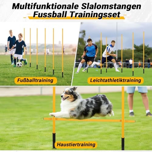 Eikuavons Slalomstangen Fussball Set, Slalom Poles 6, Horizontale Stöcke 2, 150cm Slalom Stangen mit Feder, Sprunghafte Agilität Stangen, Fussball trainingszubehör für Koordinationstraining