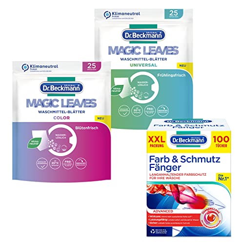 Dr. Beckmann MAGIC LEAVES und FARB & SCHMUTZFÄNGER | Praktisches Set aus Waschmittel-Blättern und Farbfang-Tüchern | für strahlend saubere Wäsche | 25 Blätter + 25 Blätter + 100 Stück