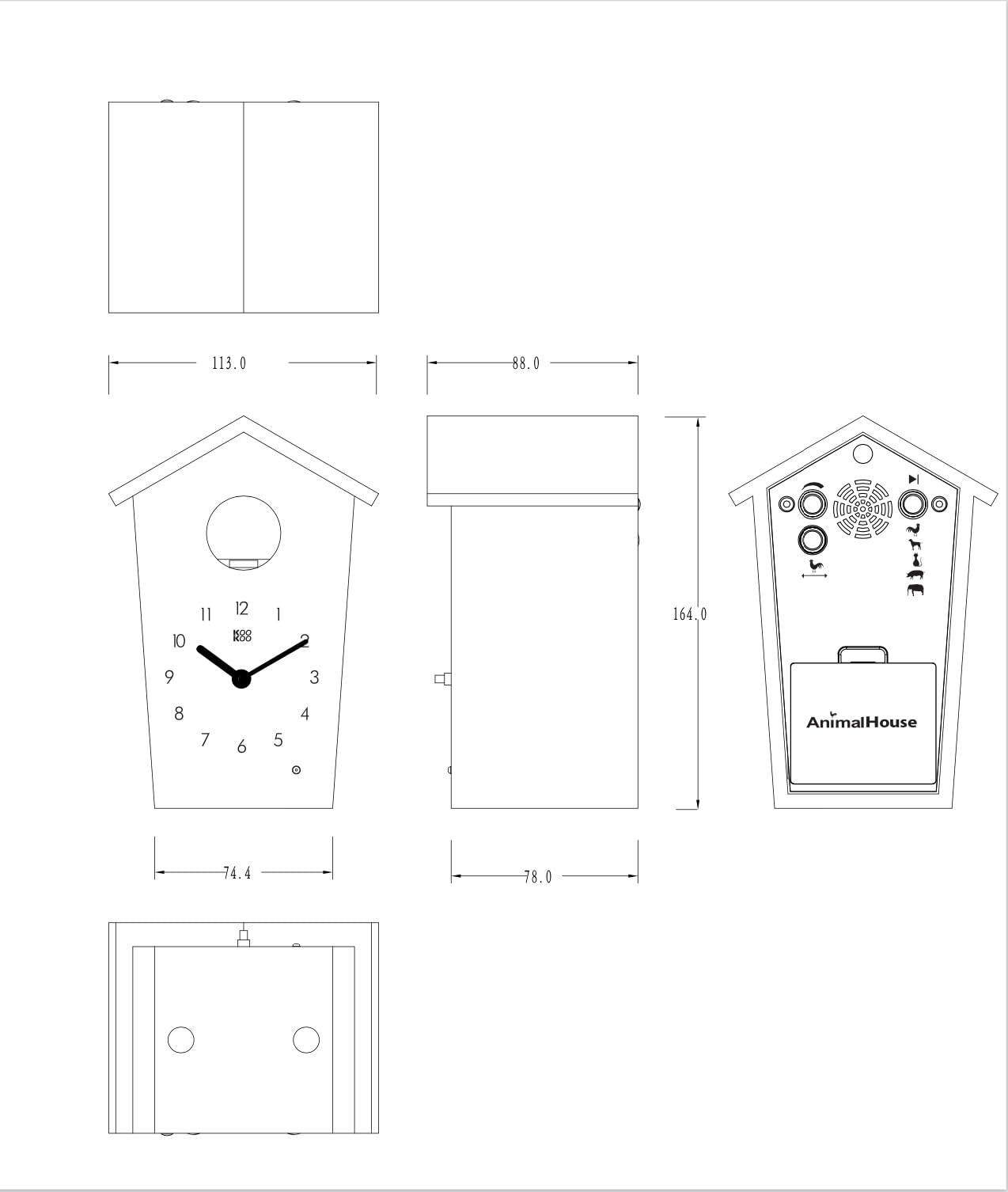 KOOKOO AnimalHouse bianco orologio cucù orologio da parete con 5 animali della fattoria registrazione naturali design moderno