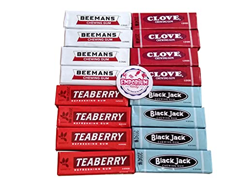 Beemans Black Jack Clove Teaberry Chewing Gum - 4 Packs of Each - Old Time Assortment with Refrigerator Magnet