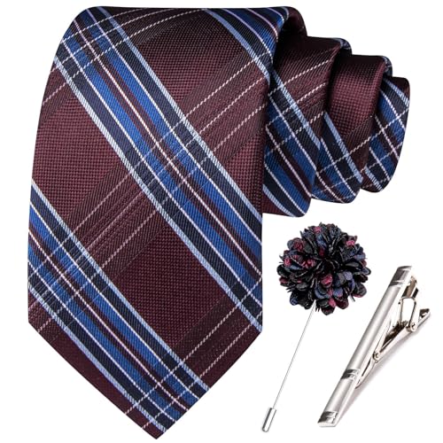 Image of Hi-Tie 63 inches Striped Paisley Extra Long Ties for Men Silk Necktie with Lapel Pin Tie Clip Big and Tall Men Formal Wedding