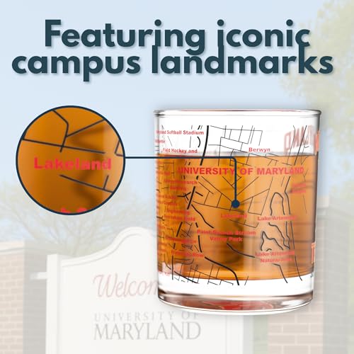 Image of Greenline Goods University of Maryland Terrapins Whiskey Glasses Set of 2, 10 oz Rocks Glasses with Full-Color Logo & Campus Map - Officially Licensed Bourbon Glass Gift for Alumni & Fans