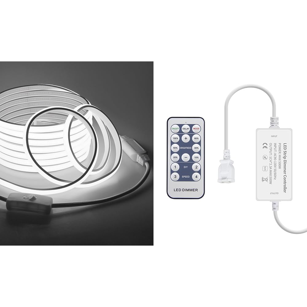 Samsion120V COB LED Rope Lights 16.4FT Outdoor LED Strip Lights+Dimmer Controller for Single Color AC 110V-130V COB LED Rope Lights