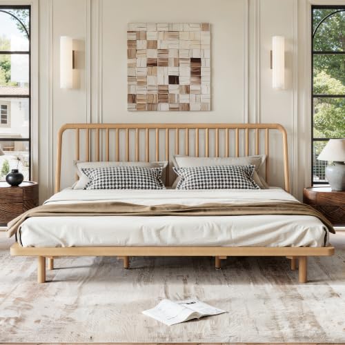 Image of Bellemave King Size Bamboo Bed Frame with Slatted Slanted Headboard,Natural