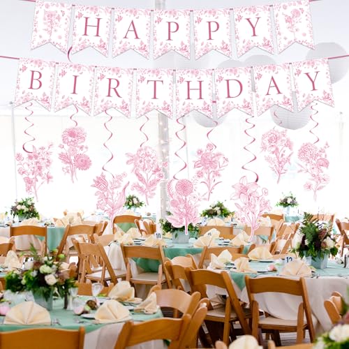 Image of JarThenaAMCS 11 Pcs Pink Flower Birthday Banner Chinoiserie Floral Happy Birthday Bunting Garland with Elegant Flower Hanging Swirl for Party Decoration