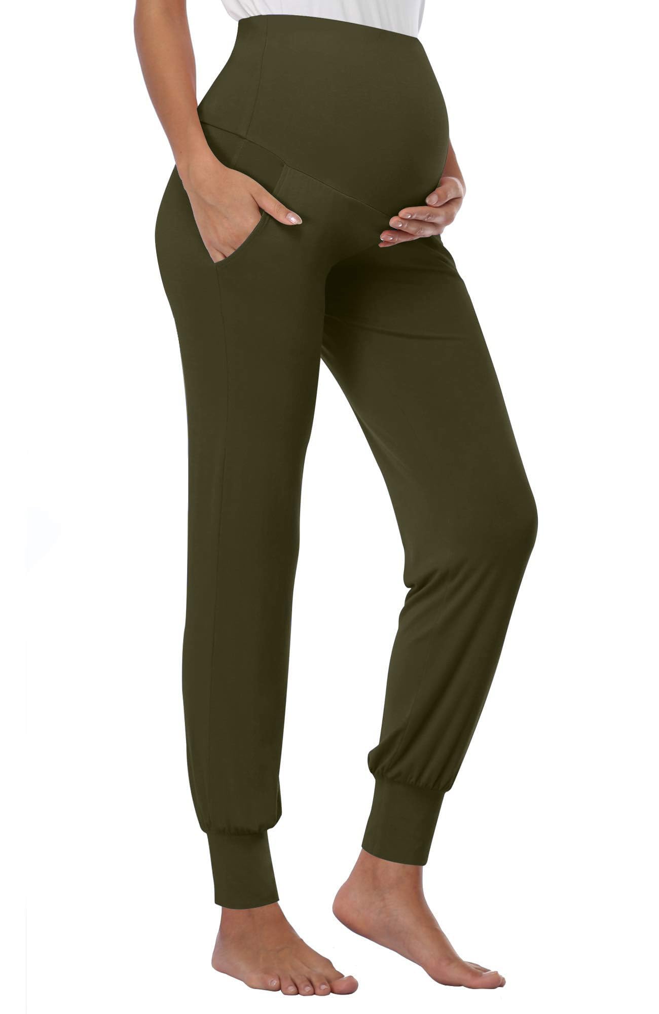 Shen&Qege Women's Army Green Maternity Pants Over The Belly Lounge Sweatpants Stretchy Comfy Pregnancy Trousers With Pockets