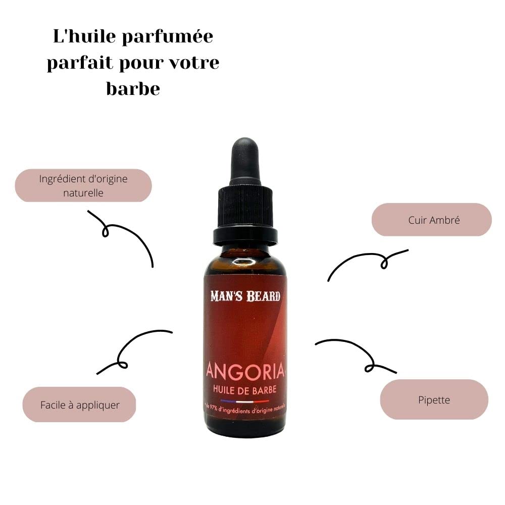 MAN'S BEARD - Huile de barbe - Fragrance Cuir ambré - 100% Fabrication Française - Ingrédients d'origine naturelle - 30 ml