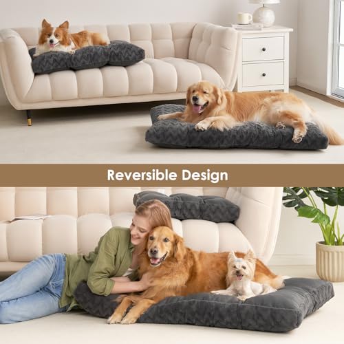 EHEYCIGA Hundebett Grosse Hunde Waschbar, 104x68cm, XL Hundekissen Flauschig für große Hunde, Kuschelig Umkehrbare Hundematte mit Kunstpelz und Kunstleinen, Dunkelgrau