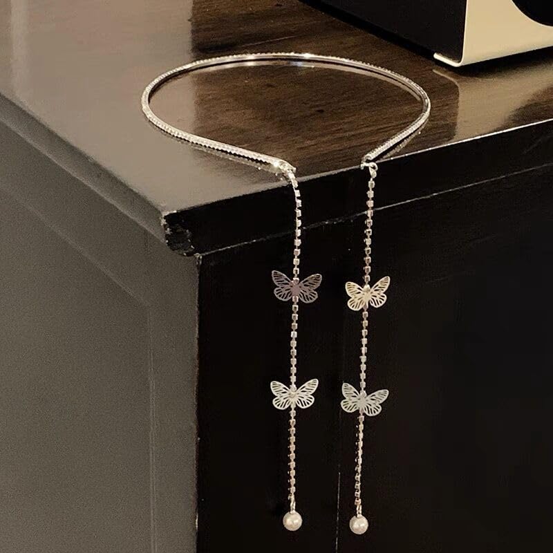 Miniatura 6 de Diadema de mariposa de boda, cadena de diadema de borla plateada, banda de aro para el pelo, vendimia, accesorios para el cabello para mujeres y