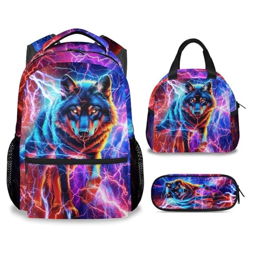 NICEFORNICE Wolf Backpack with Lunch Box for Boys - 3PCS Kids Backpacks Matching Combo for Middle School Aesthetic Bookbag Set for Primary