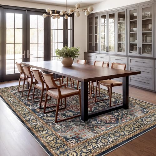 Rugland 5x7 Area Rugs - Stain Resistant Washable Rug, Anti Slip Rugs for Living Room, Vintage Tribal Area Rugs(Medallion 01-Rust/Blue, 5'x7')