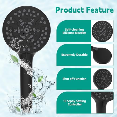 Hibbent High Pressure 10 Spray Filtered Handheld Shower Head, Matte Black - image 5