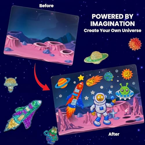 Image of TOYJOS Space Adventure Foil Art Kit for Kids 220+ Pieces No Mess DIY Craft Kit Creative Activity Play Set with Foil Sheets Stickers & Canvases Educational Gift for Boys Girls 4 to 9 Years