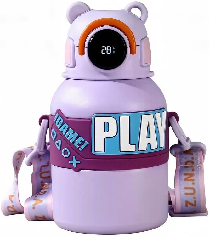Insulated Water Bottle with Straw, 316 Stainless Steel, Temperature Display, Large Capacity with Shoulder Strap, Yellow Robot Design，Insulate for 8-12 hours (purple-1)