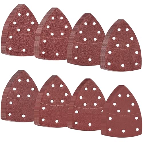 80 pièces 152 x 105 mm Papier Poncer Triangle, 11 Trous Triangles Abrasifs pour Triangulaire Ponceuses, 60/80/120/180/240/320/400/800 Grain Papier Abrasif Triangulaires avec Crochet Boucle