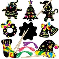 DERAYEE 48 Sheets Christmas Scratch Art Crafts Black Magic Scratch Art Notes Paper Boards with 12pcs Wood Stylus and 48pcs Elastic Cords for Kids Christmas Party Favors