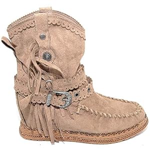 Malu Shoes indiaanse dameslaarzen, suède met franjes, sleehak binnenin van 5 cm, gesp, enkelhoogte, Ibiza-stijl