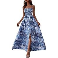 JENJON Mujer Vestido Elegante Impreso Floral Boho Casual Maxi Verano Vestido de Playa Tirantes Finos Ajustables Azul L