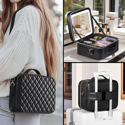 Trousse de maquillage de voyage avec miroir LED réglable et compartiments - 4