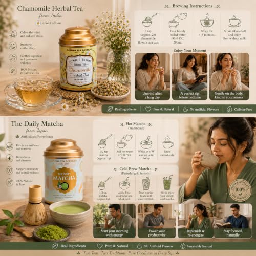 Image of Sancha Tea Boutique, Combo Pack, Chamomile Herbal (50g Loose Leaf) & Japanese Matcha Green Powder (Daily Matcha 50g), Caffeine Free Tisane + Antioxidant Rich Green