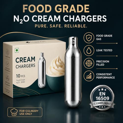 Image of 8g N2O Cream Chargers for Whipping Cream - Pack of 10 | Food-Grade Nitrous Oxide Cartridges | Leak-Proof Steel Chargers Compatible with All Cream Whippers | For Desserts, Coffee & Bakery Use