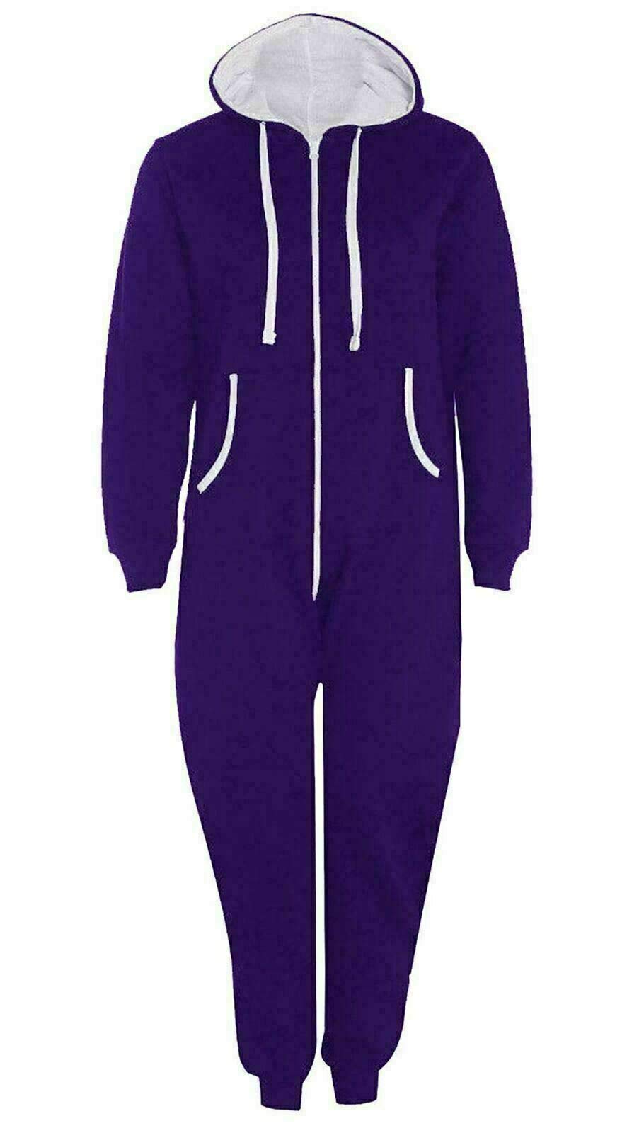 FAIRY TRENDZ LTD Mens Plain Zipper Onesie Unisex Onepiece All in One Hooded Zip Up Overall Jumpsuit Playsuit (Purple 5X Large)