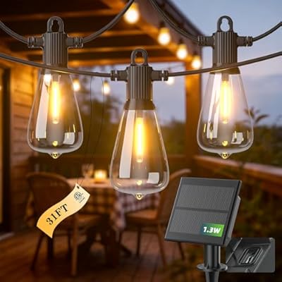 31FT Solar String Lights Outdoor Waterproof IP65 with USB-Charging , Solar Powered LED Patio Lights with 15+1 Shatterproof ST38 Edison Bulbs, Hanging Lights for Outside Backyard Garden Bistro Gazebo